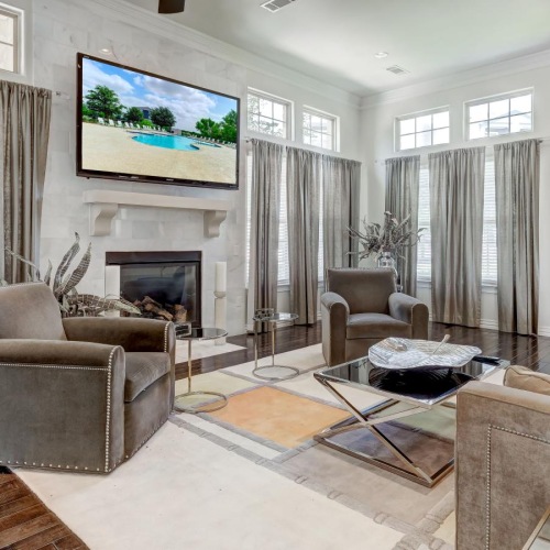 a living room with a fireplace